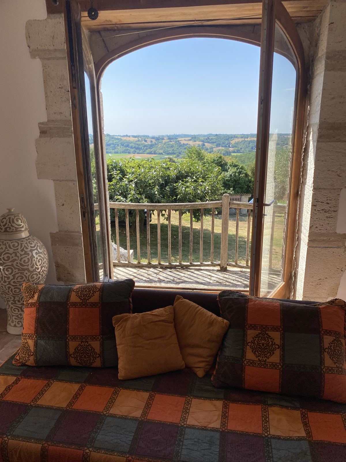 Arched window in the Moroccan Room looking over the valley