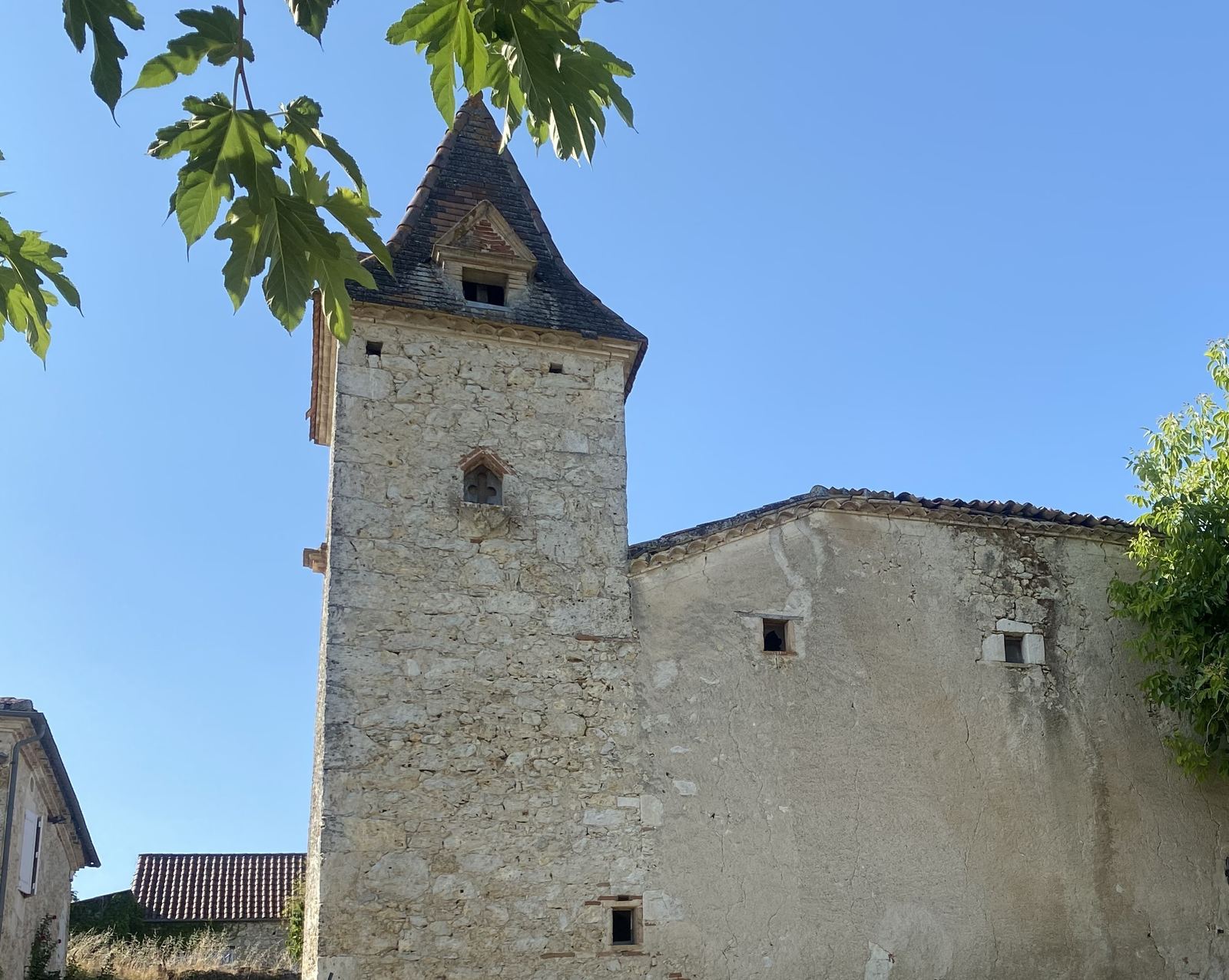 Front view of the historic pigeonnier tower and building at Mongaudon